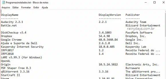 Arquivo txt dos programas instalados no Windows