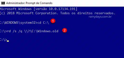 Prompt de comando apagar Windows.old bloqueada rd