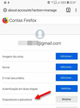 Dispositivos e aplicativos Contas Firefox