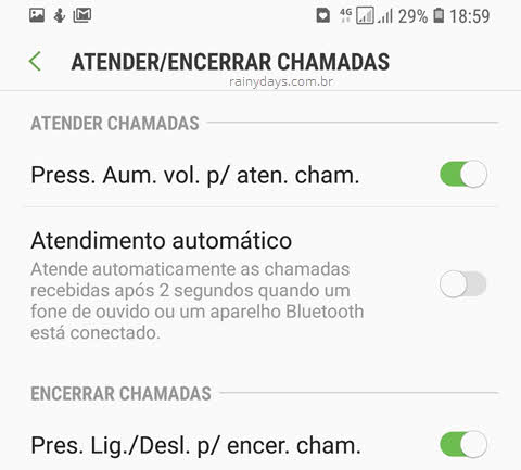 Atender e desligar chamadas com botões do Samsung volume power