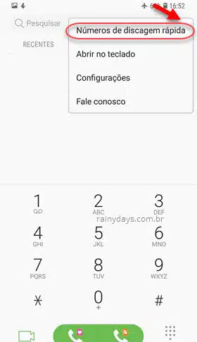 ícone três bolinhas Números de discagem rápida Samsung