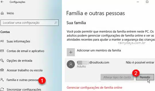 Permitir login Família e outros usuários Windows Microsoft