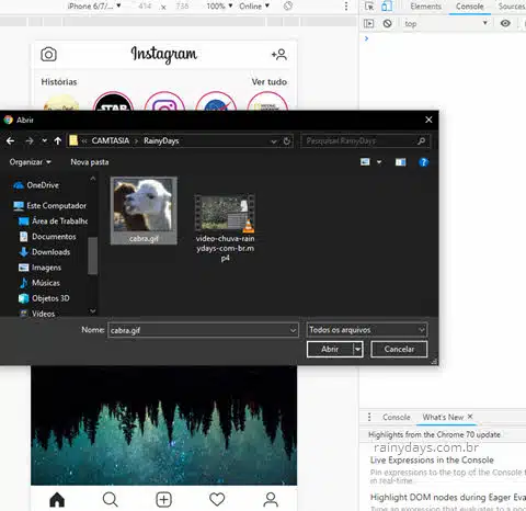 Selecionar imagem ou vídeo para Instagram no computador Chrome