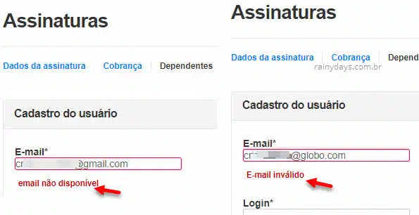Email não disponível, email inválido dependente Globo