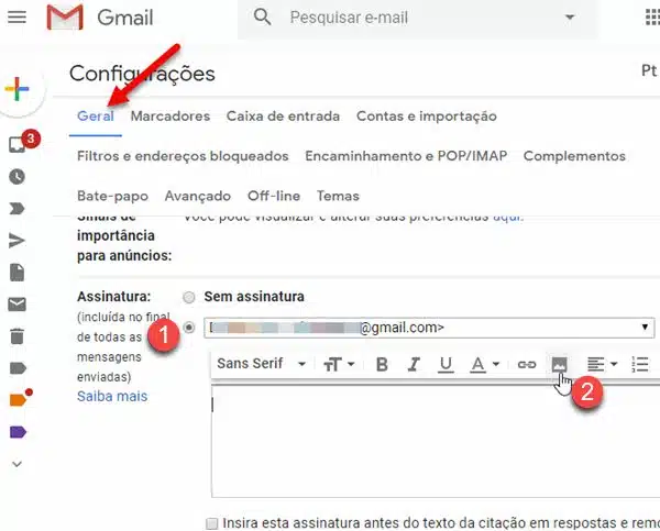 Aba geral Gmail assinatura adicionar imagem