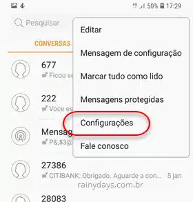 Configurações SMS Samsung