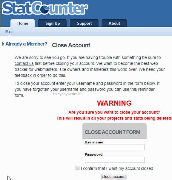 Como excluir conta do StatCounter