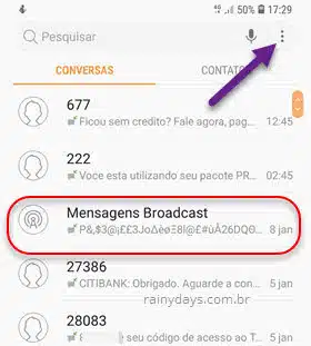 ícone três bolinhas SMS mensagens broadcast Samsung Android