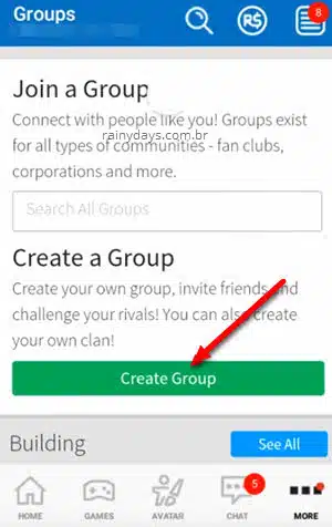 create group no Roblox mobile
