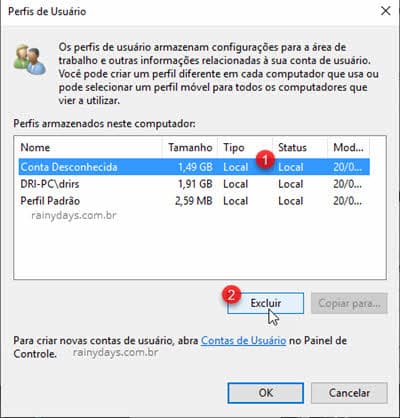 Perfil de usuário Excluir conta Windows