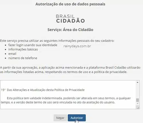 Alerta autorização de acesso dados Brasil Cidadão