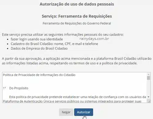 Autorização de uso de dados ferramenta requisições Governo Brasil Cidadão