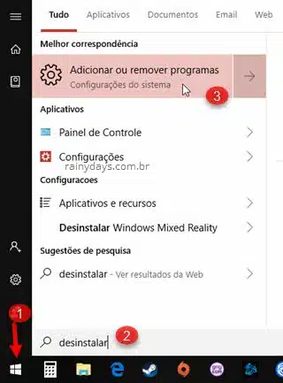 menu desinstalar adicionar e remover programas Windows