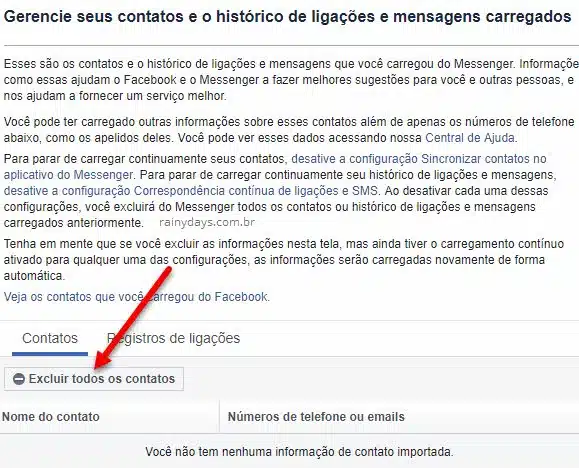Excluir todos contatos carregador para o Facebook do Messenger