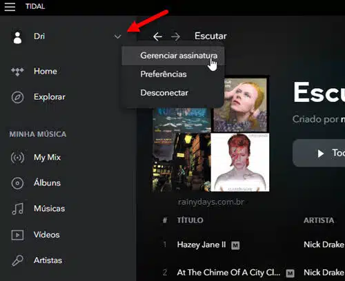 gerenciar assinatura Tidal