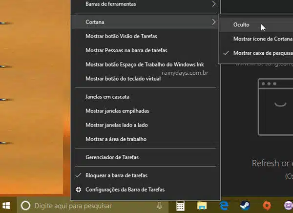 Ocultar campo de pesquisa Cortana barra de tarefas Windows