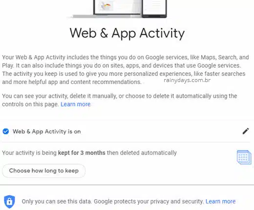 Apagar dados do Google automaticamente após 3 meses atividade web apps