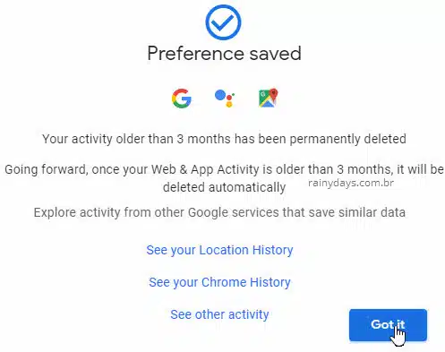 Preferências salvas para dados do Google serem apagados automaticamente