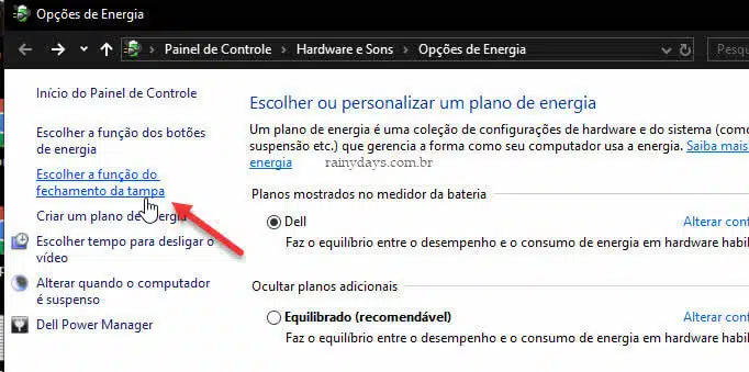 Escolher a função do fechamento da tampa notebook Windows