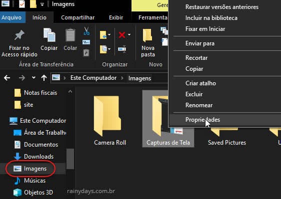Propriedades pasta Capturas de Telas imagens Windows