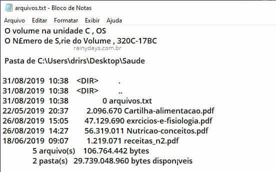Arquivo de texto com lista nomes dos arquivos dentro da pasta Windows