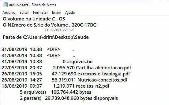 Arquivo de texto com lista nomes dos arquivos dentro da pasta Windows