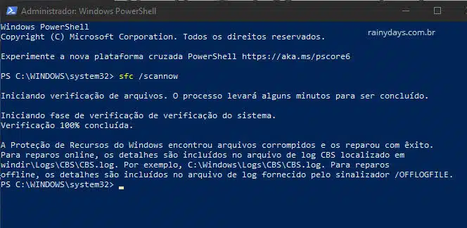 comando sfc scannow no Windows PowerShell administrador