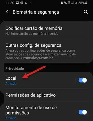 configurações Local localização Android Samsung