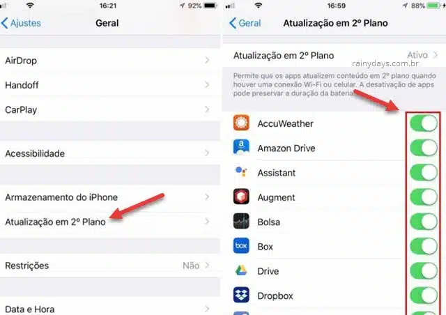 Aplicativo gastando bateria, desativar atualização em 2 segundo plano iPhone iPad