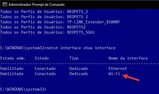 Interface sem fio não existe verificar nome da interface comando Windows