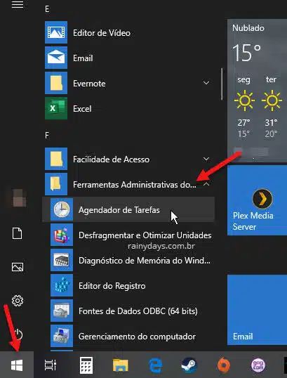 Abrir o Agendador de Tarefas pelo menu iniciar do Windows