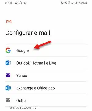 configurar email no aplicativo Gmail selecionar serviço