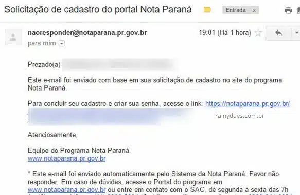 Email confirmação cadastro Nota Paraná