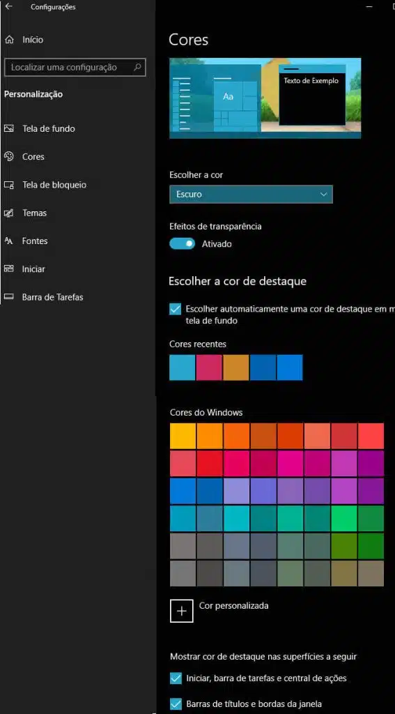 Personalização de Cores do Windows 10 escolher automaticamente cor