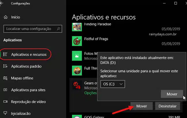 Mover app ou jogo para mudar local de salvamento da Microsoft Store