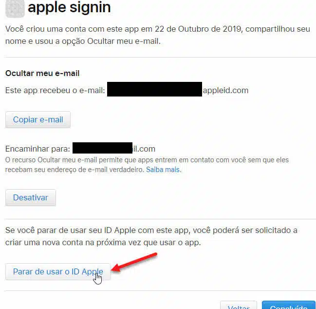 botão Parar de usar o ID Apple em apps e sites terceiros
