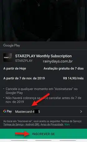 cadastrar forma de pagamento StarzPlay