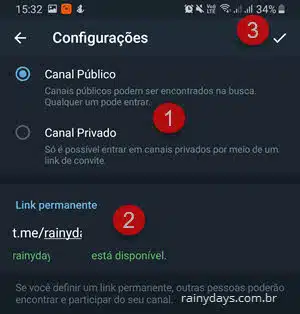 Canal público ou privado Telegram link permanente