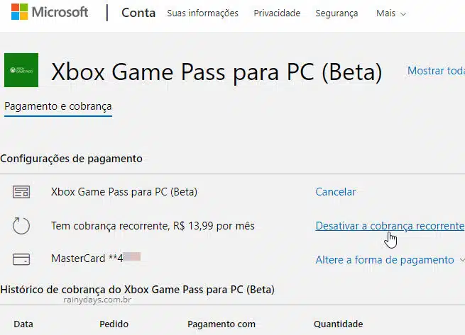 Desativar cobrança recorrente Xbox Game Pass assinatura Microsoft