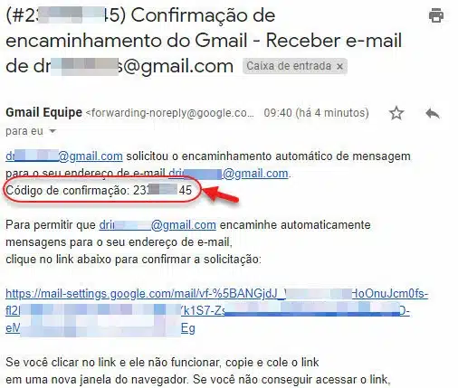 email confirmação de encaminhamento do Gmail código