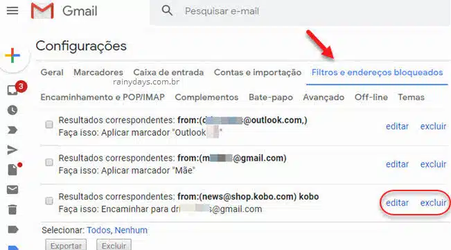 Filtros e endereços bloqueados editar excluir filtro Gmail