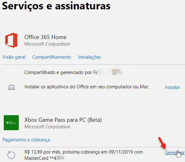 Gerenciar Pagamento e cobrançca assinatura Xbox Game Pass Microsoft