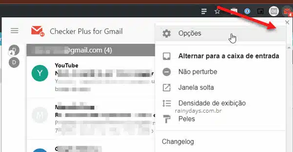 Opções da extensão Checker Plus do Gmail Chrome