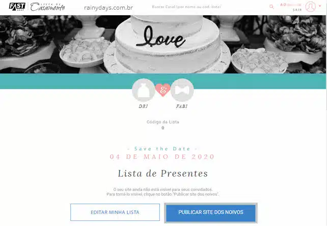Publicar site dos noivos Lista de Casamento FastShop