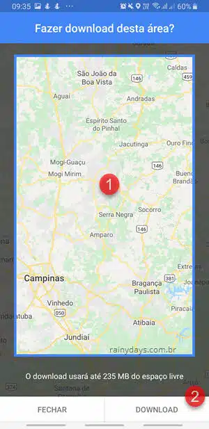 selecionar área para download do mapa sem internet Google Maps