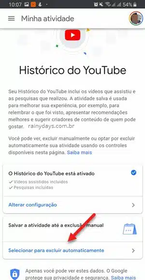 Selecionar para excluir automaticamente Histórico YouTube Google