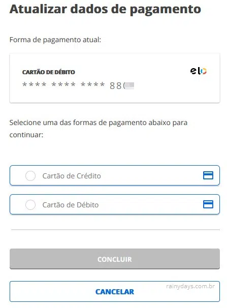 Atualizar dados de pagamento assinatura conta Globo, débito, crédito, boleto