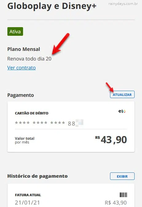 Como saber vencimento da GloboPlay, alterar forma de pagamento