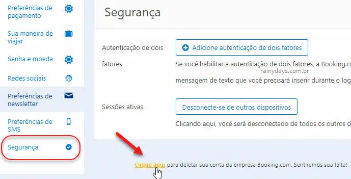 Deletar conta do Booking.com de viagem