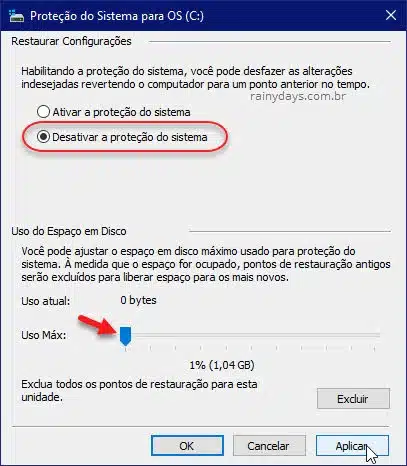 Desativar a proteção do sistema Restauração Windows